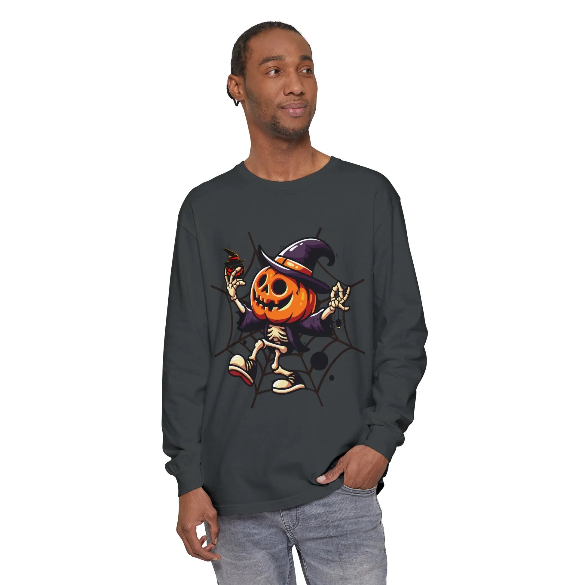 Funny Witch Pumpkin Unisex Garment-dyed Long Sleeve T-Shirt | VKamian Unisex