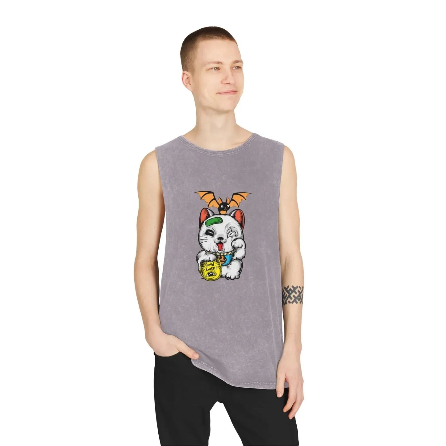 Aesthetic Lucky Cat Unisex Stonewash Tank Top - Vkamian