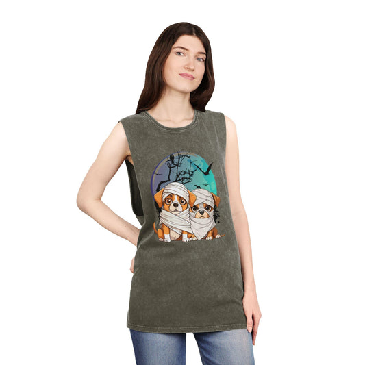 Funny Halloween Mummy Dogs Unisex Stonewash Tank Top | VKamian Sport