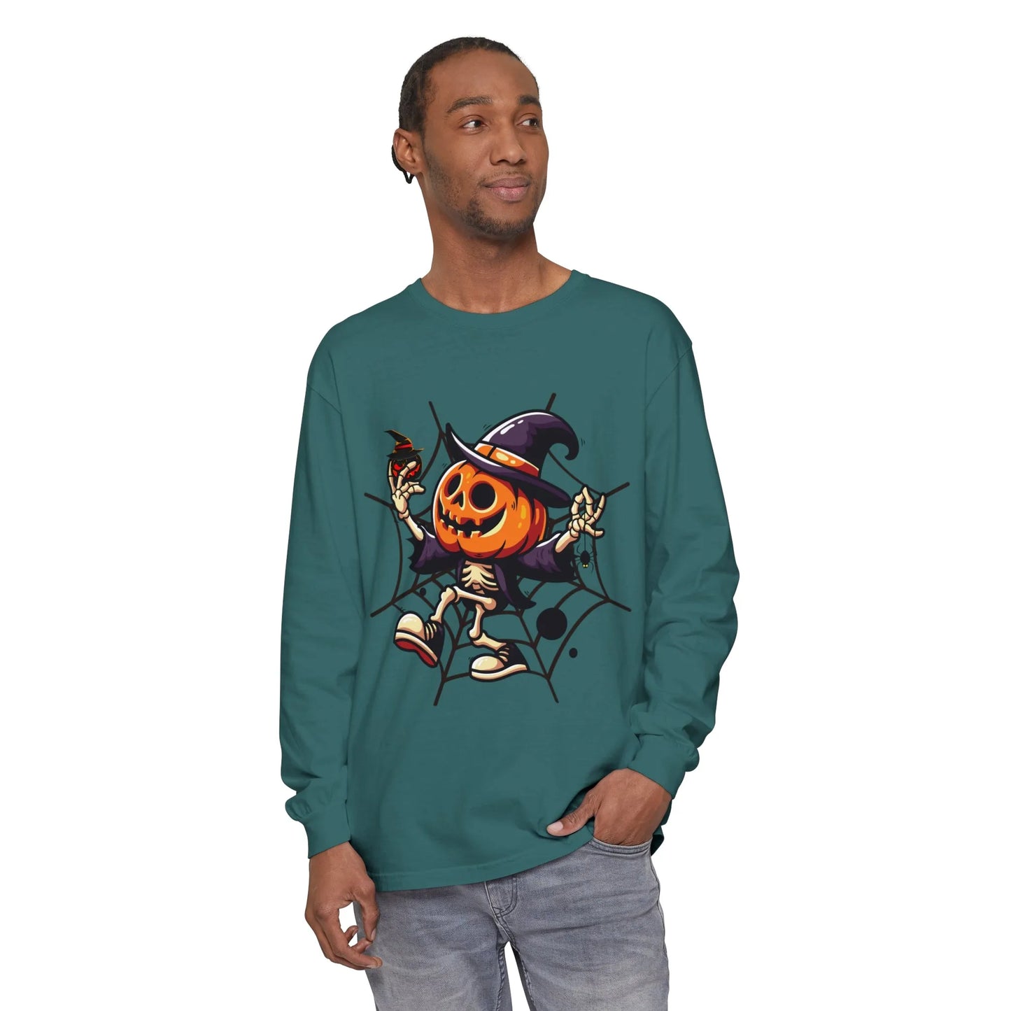 Funny Witch Pumpkin Unisex Garment-dyed Long Sleeve T-Shirt | VKamian Unisex