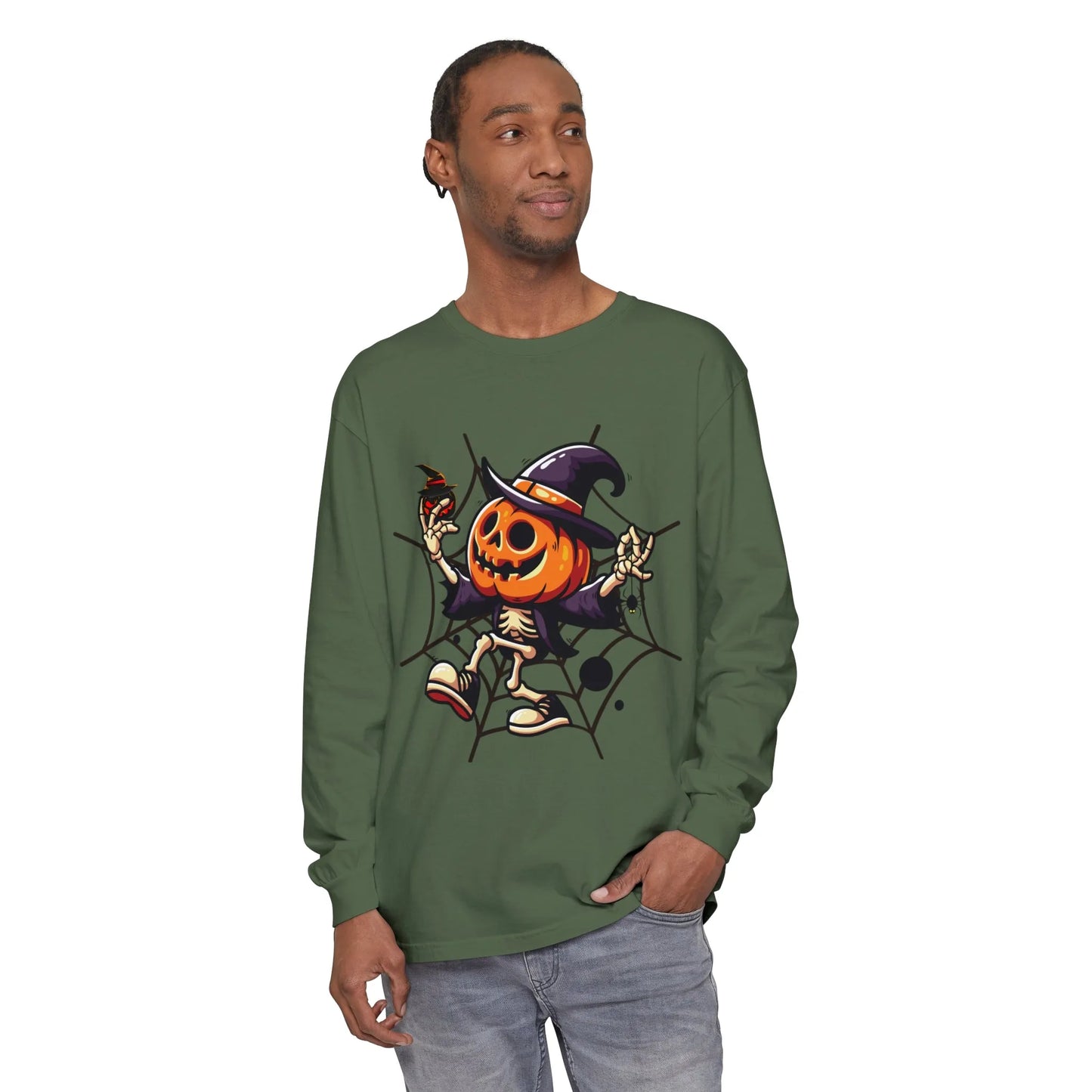 Funny Witch Pumpkin Unisex Garment-dyed Long Sleeve T-Shirt | VKamian Unisex