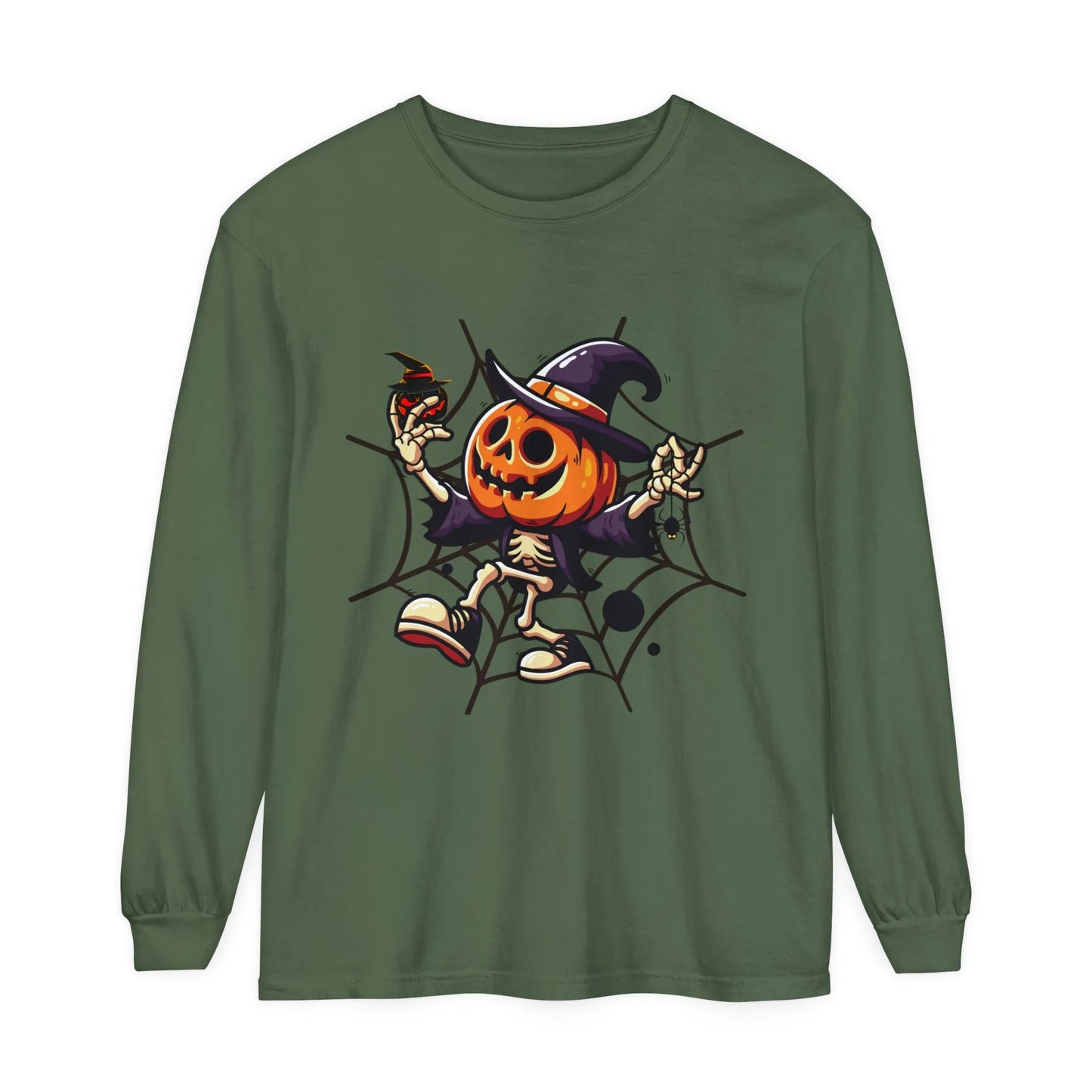 Funny Witch Pumpkin Unisex Garment-dyed Long Sleeve T-Shirt | VKamian Unisex