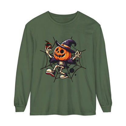 Funny Witch Pumpkin Unisex Garment-dyed Long Sleeve T-Shirt | VKamian Unisex