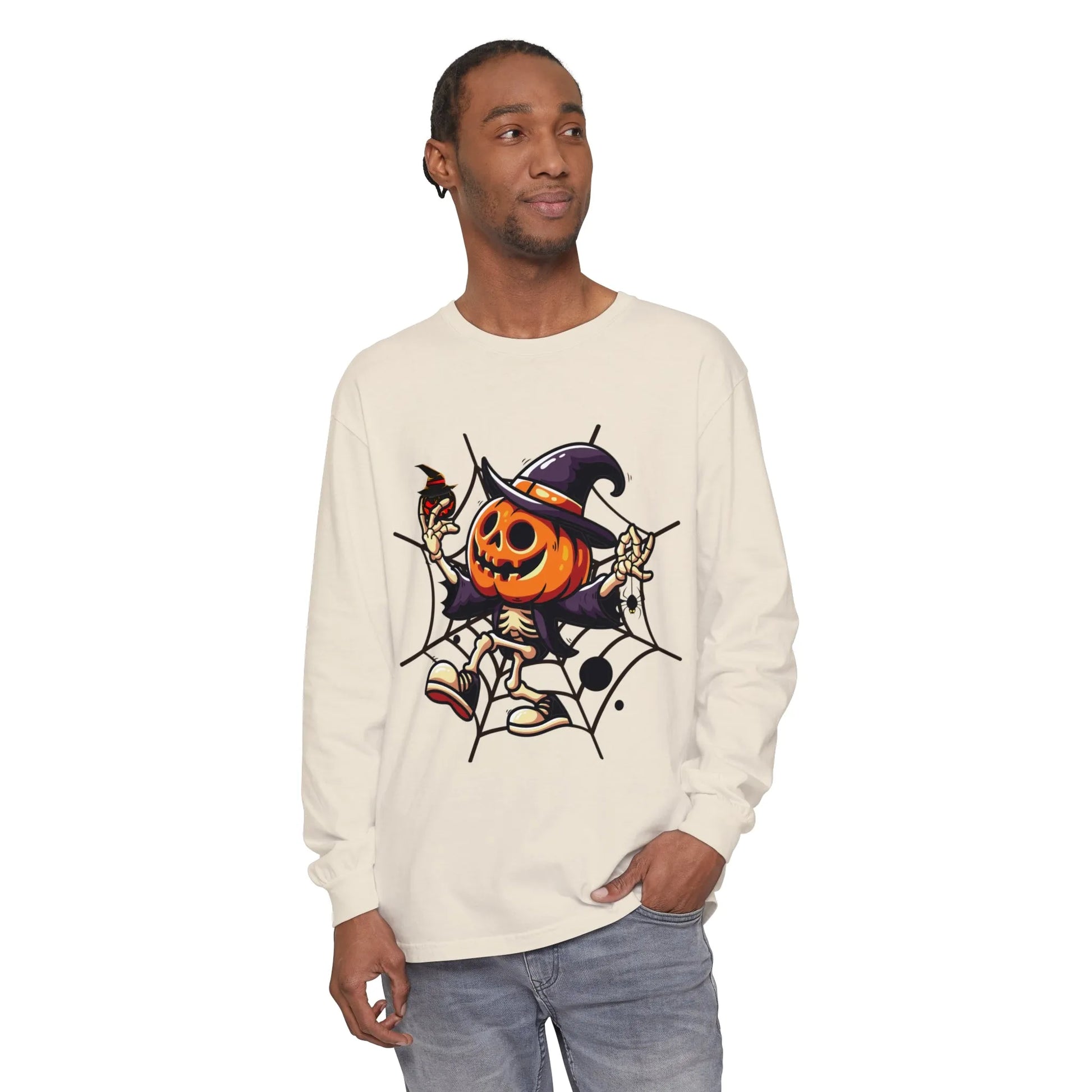 Funny Witch Pumpkin Unisex Garment-dyed Long Sleeve T-Shirt | VKamian Unisex