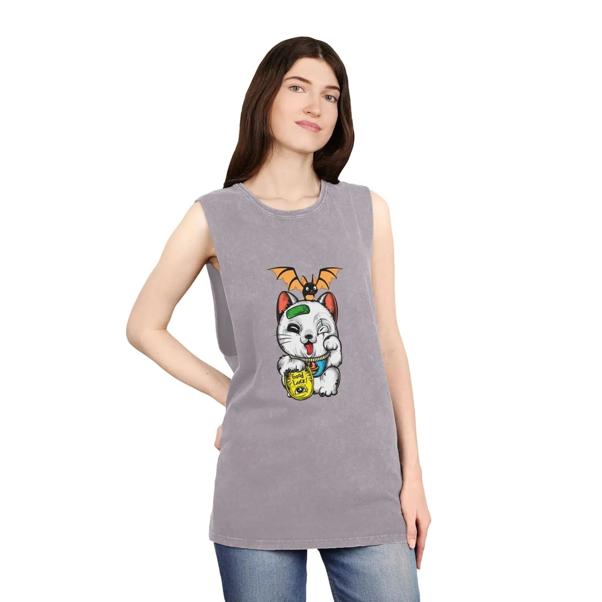 Aesthetic Lucky Cat Unisex Stonewash Tank Top - Vkamian