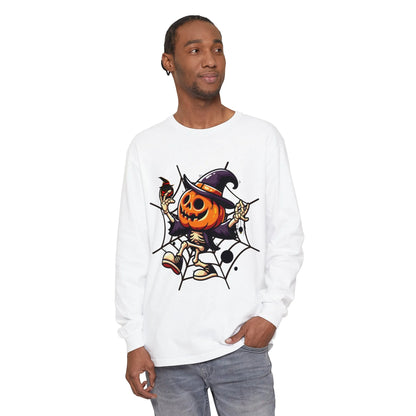 Funny Witch Pumpkin Unisex Garment-dyed Long Sleeve T-Shirt | VKamian Unisex