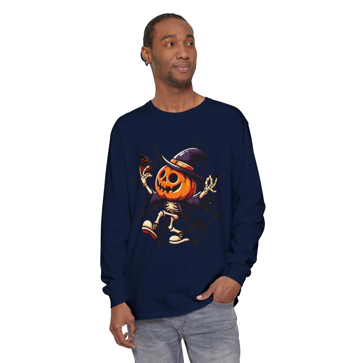 Funny Witch Pumpkin Unisex Garment-dyed Long Sleeve T-Shirt | VKamian Unisex