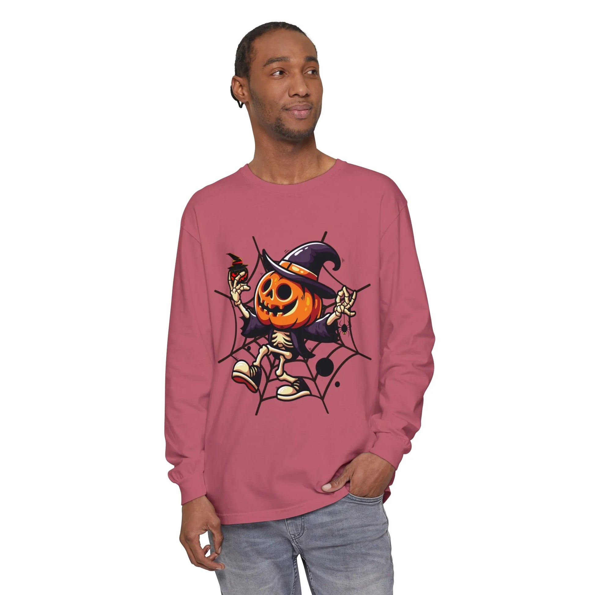 Funny Witch Pumpkin Unisex Garment-dyed Long Sleeve T-Shirt | VKamian Unisex