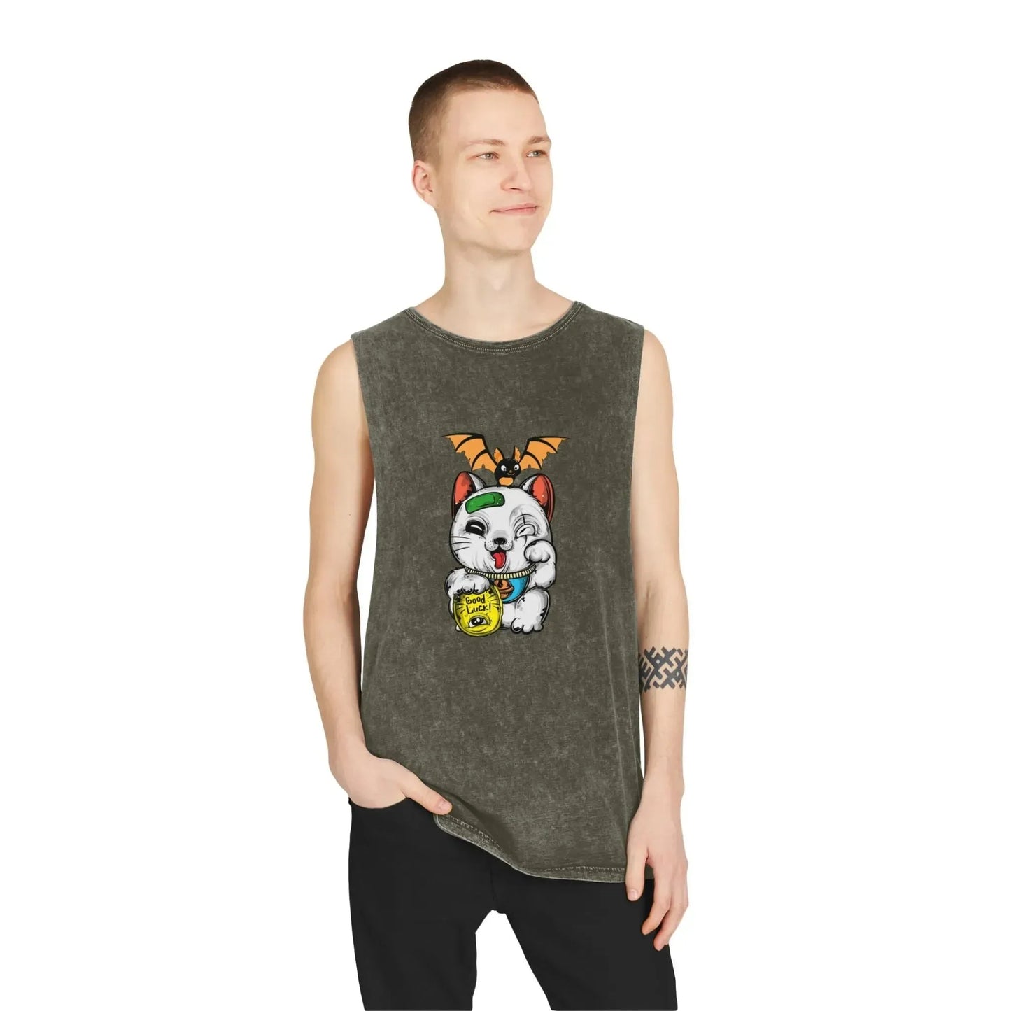 Aesthetic Lucky Cat Unisex Stonewash Tank Top - Vkamian