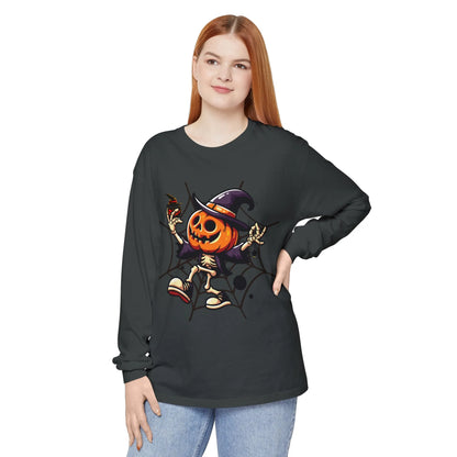 Funny Witch Pumpkin Unisex Garment-dyed Long Sleeve T-Shirt