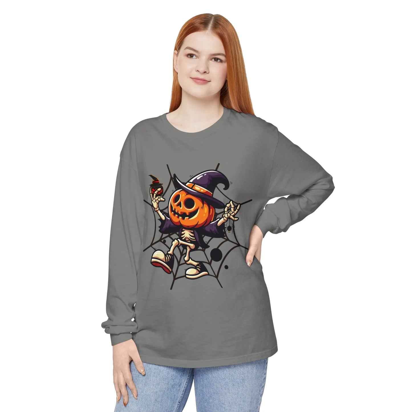 Funny Witch Pumpkin Unisex Garment-dyed Long Sleeve T-Shirt | VKamian Unisex