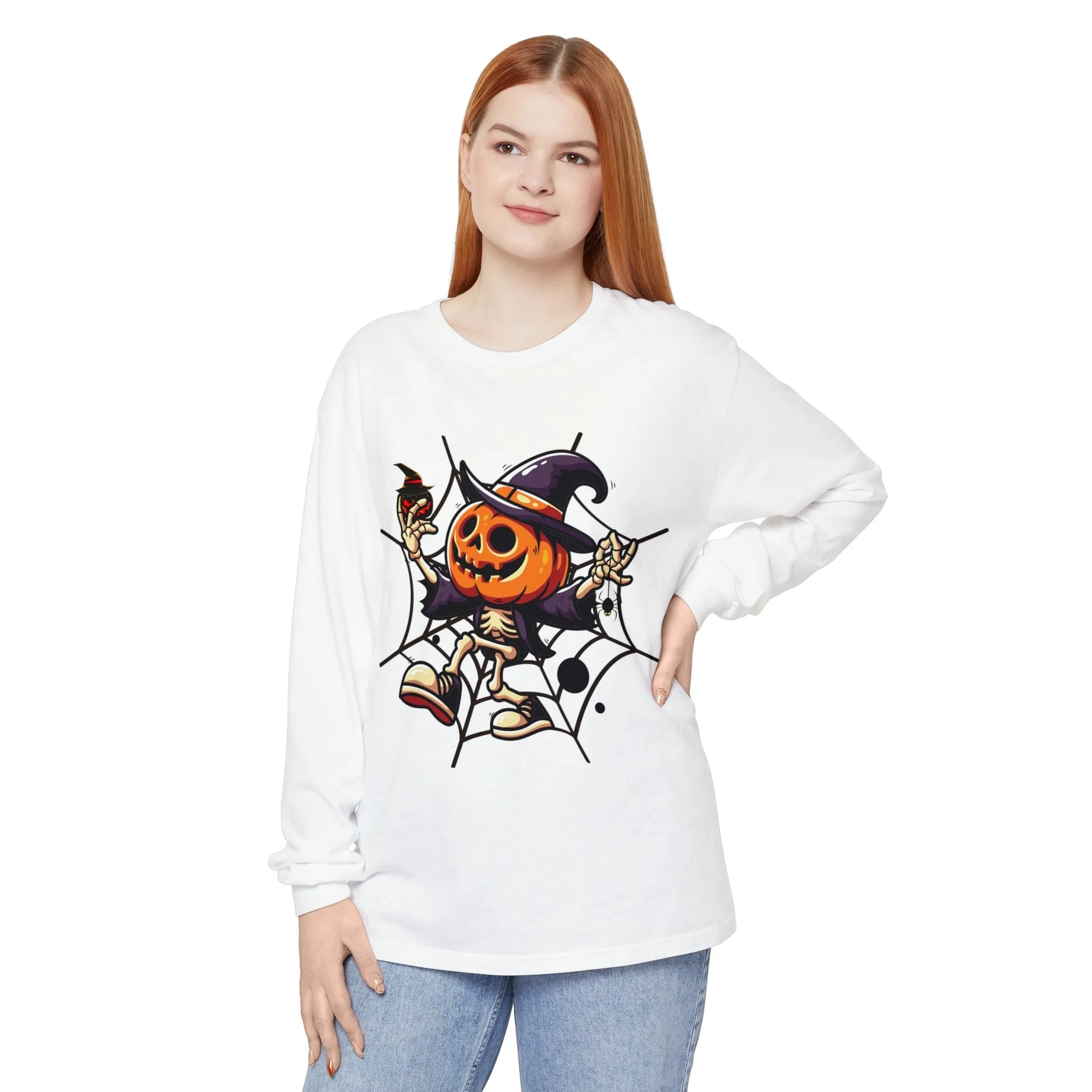 Funny Witch Pumpkin Unisex Garment-dyed Long Sleeve T-Shirt | VKamian Unisex