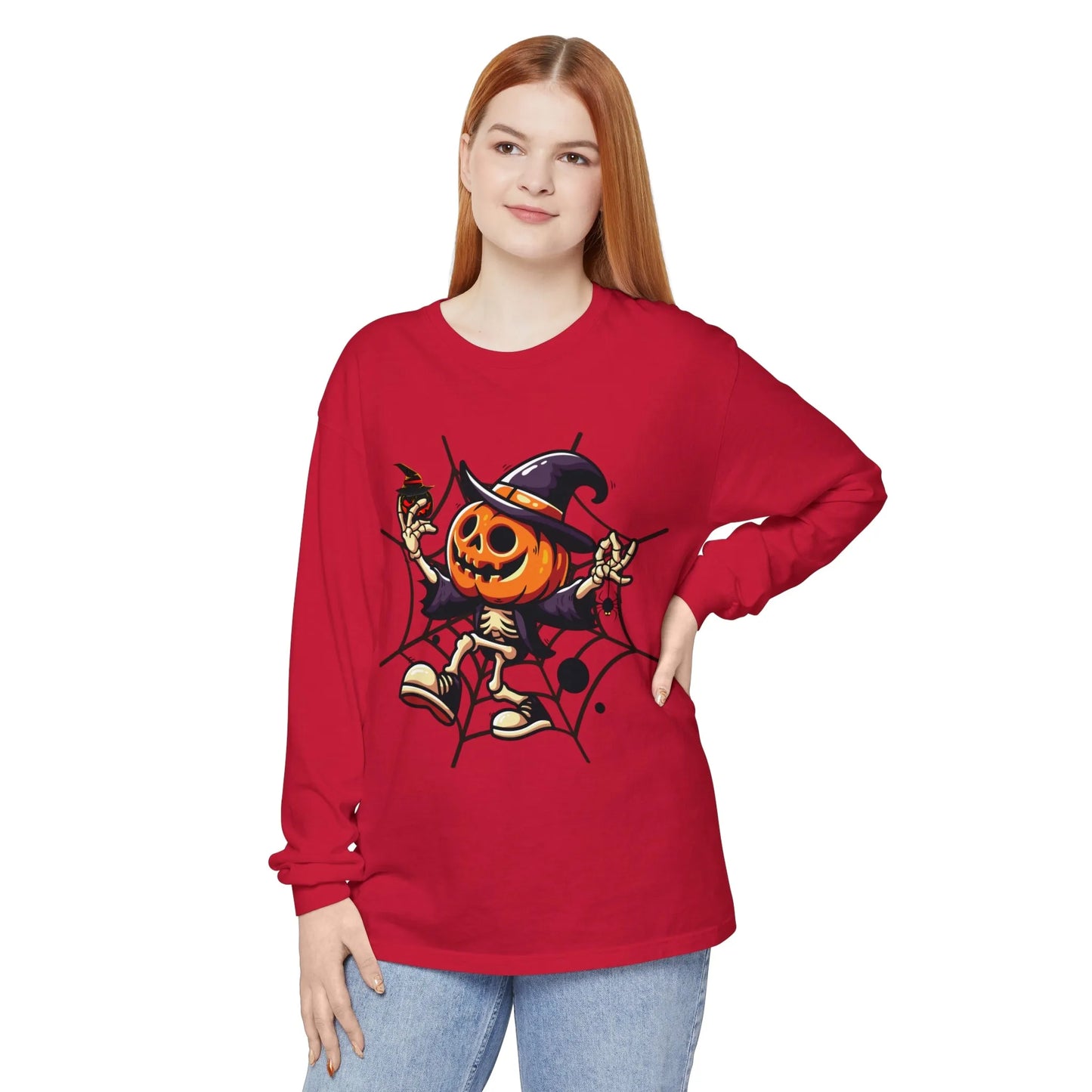 Funny Witch Pumpkin Unisex Garment-dyed Long Sleeve T-Shirt | VKamian Unisex