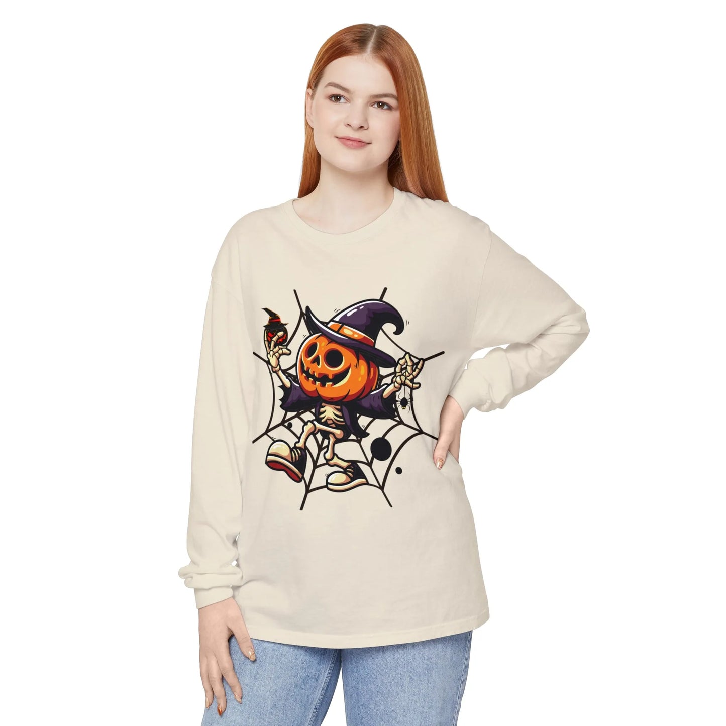 Funny Witch Pumpkin Unisex Garment-dyed Long Sleeve T-Shirt | VKamian Unisex