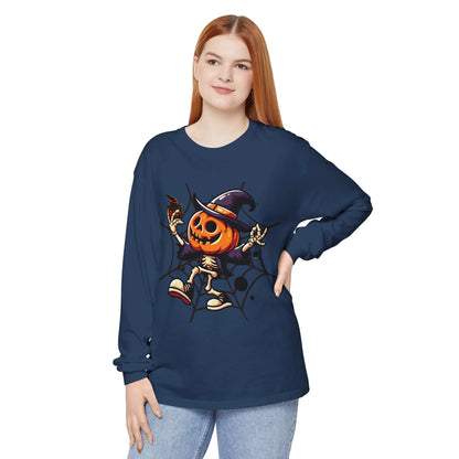 Funny Witch Pumpkin Unisex Garment-dyed Long Sleeve T-Shirt | VKamian Unisex