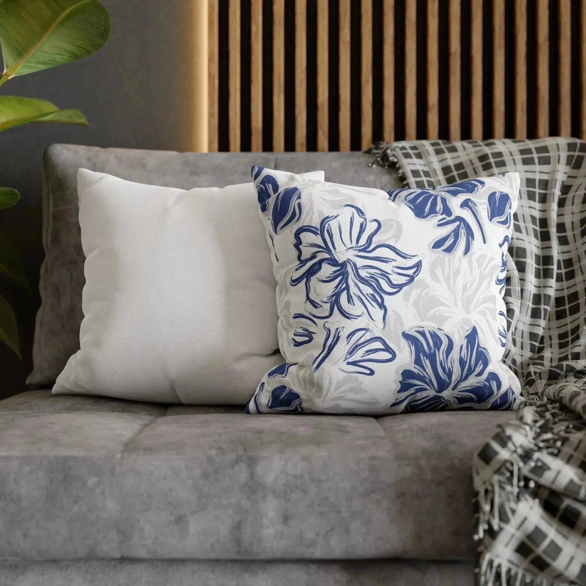 Blue Floral Brush Spun Polyester Square Pillowcase - Vkamian