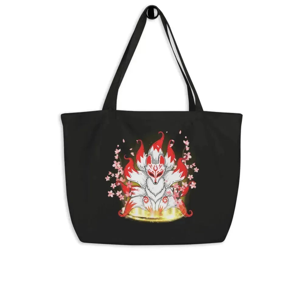 Cherry Blossom Nine Tailed Fox Large Organic Tote Bag - Vkamian