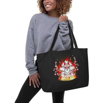 Cherry Blossom Nine Tailed Fox Large Organic Tote Bag - Vkamian