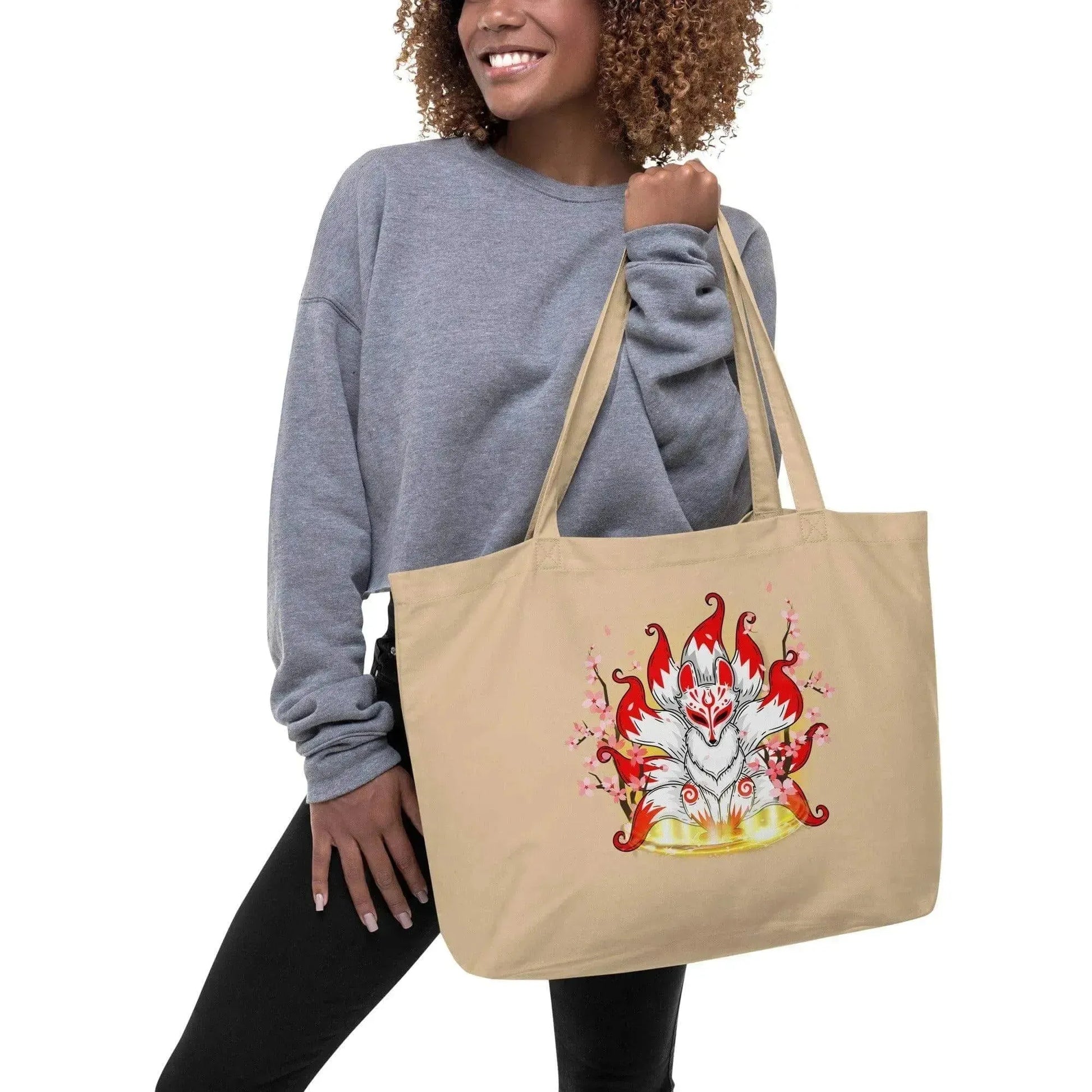 Cherry Blossom Nine Tailed Fox Large Organic Tote Bag - Vkamian