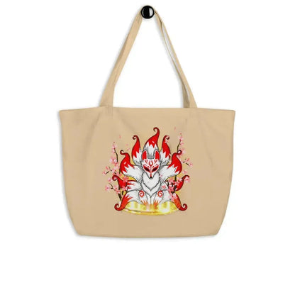 Cherry Blossom Nine Tailed Fox Large Organic Tote Bag - Vkamian