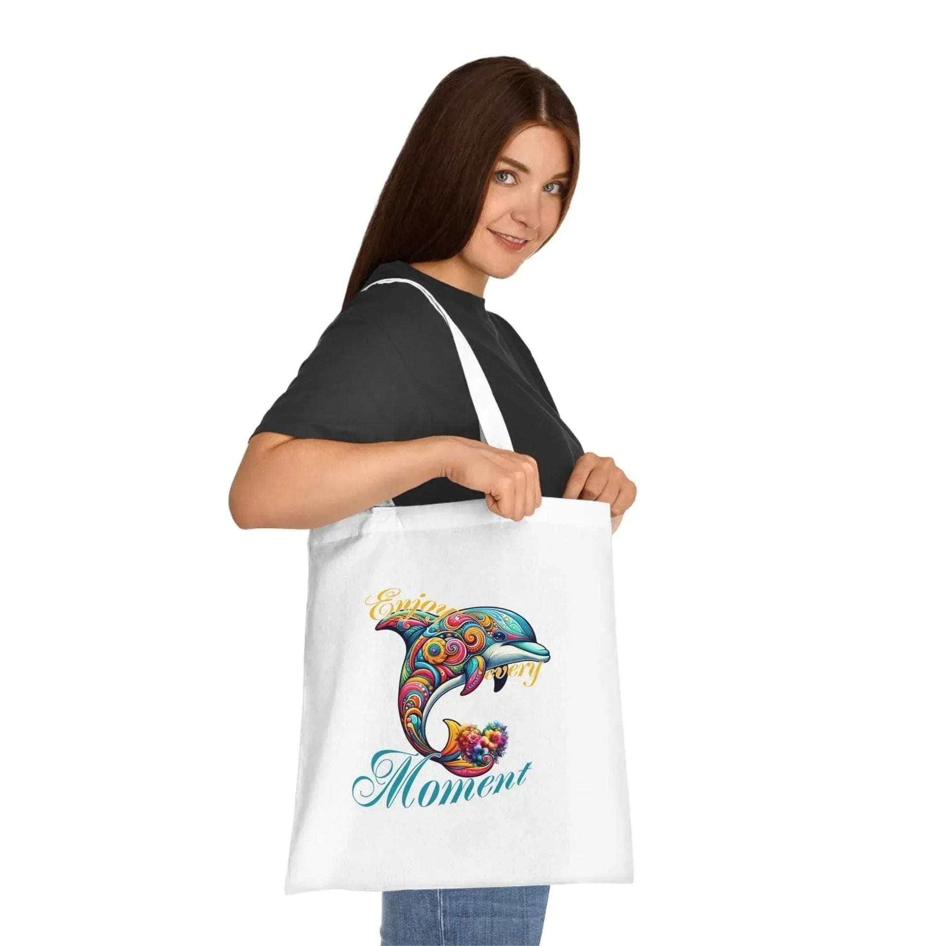 Colorful Flower Dolphin Loving Cotton Tote Bag - Vkamian