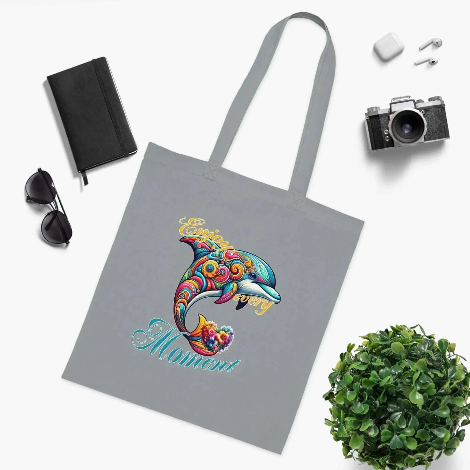 Colorful Flower Dolphin Loving Cotton Tote Bag - Vkamian