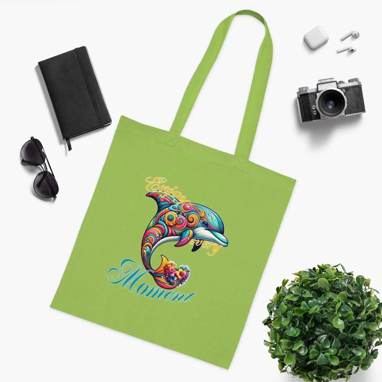 Colorful Flower Dolphin Loving Cotton Tote Bag - Vkamian