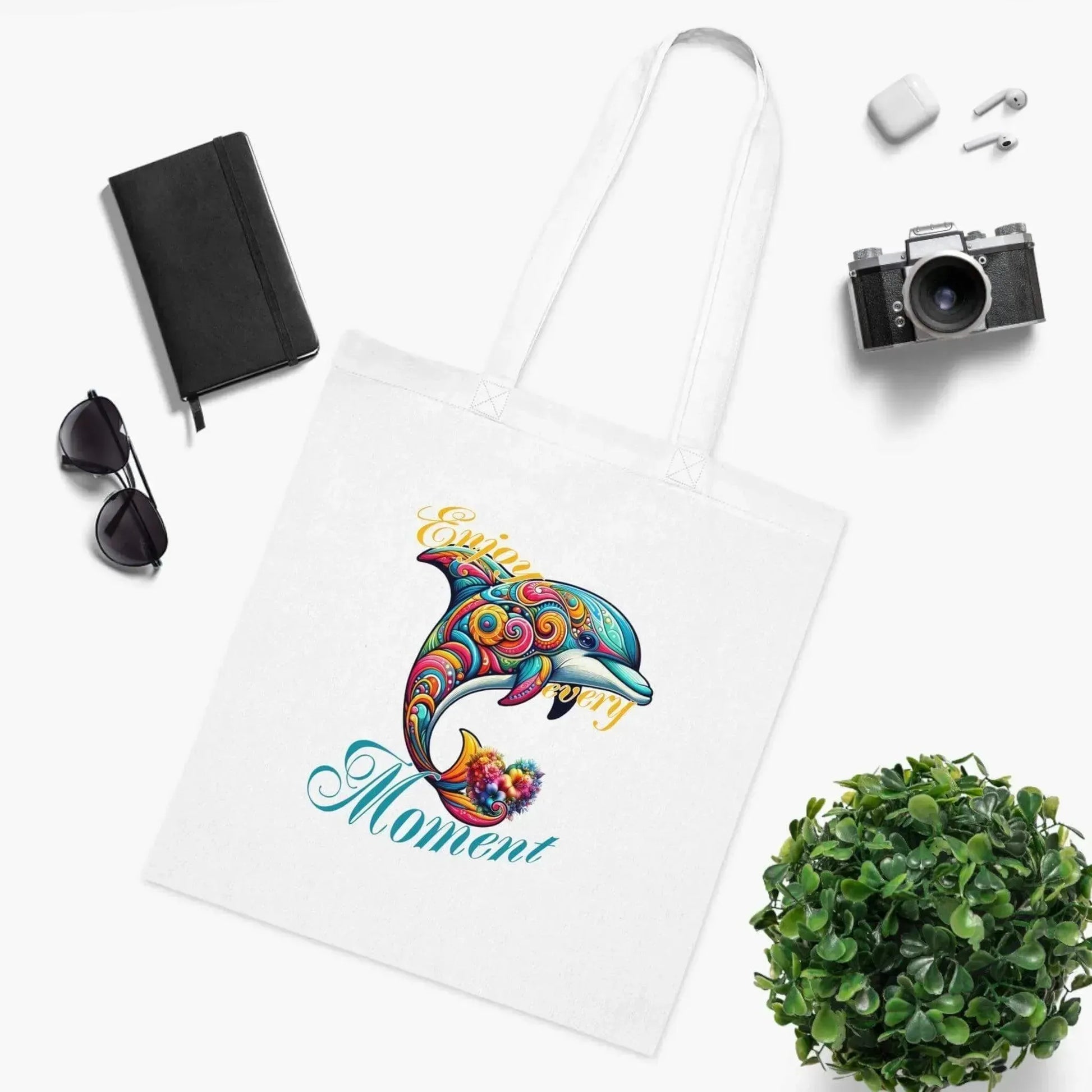 Colorful Flower Dolphin Loving Cotton Tote Bag - Vkamian