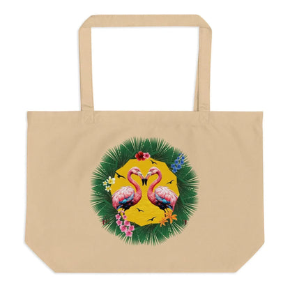 Couple Tropical Flamingo Large Organic Tote Bag - Vkamian