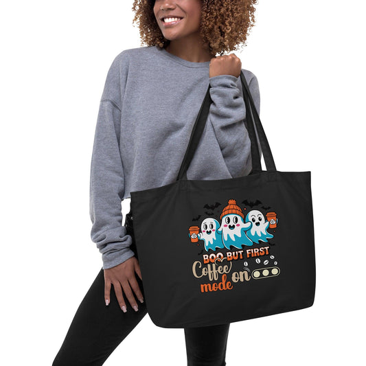 Funny Boo Coffee Lover Large Organic Tote Bag - Eco-Friendly & Stylish