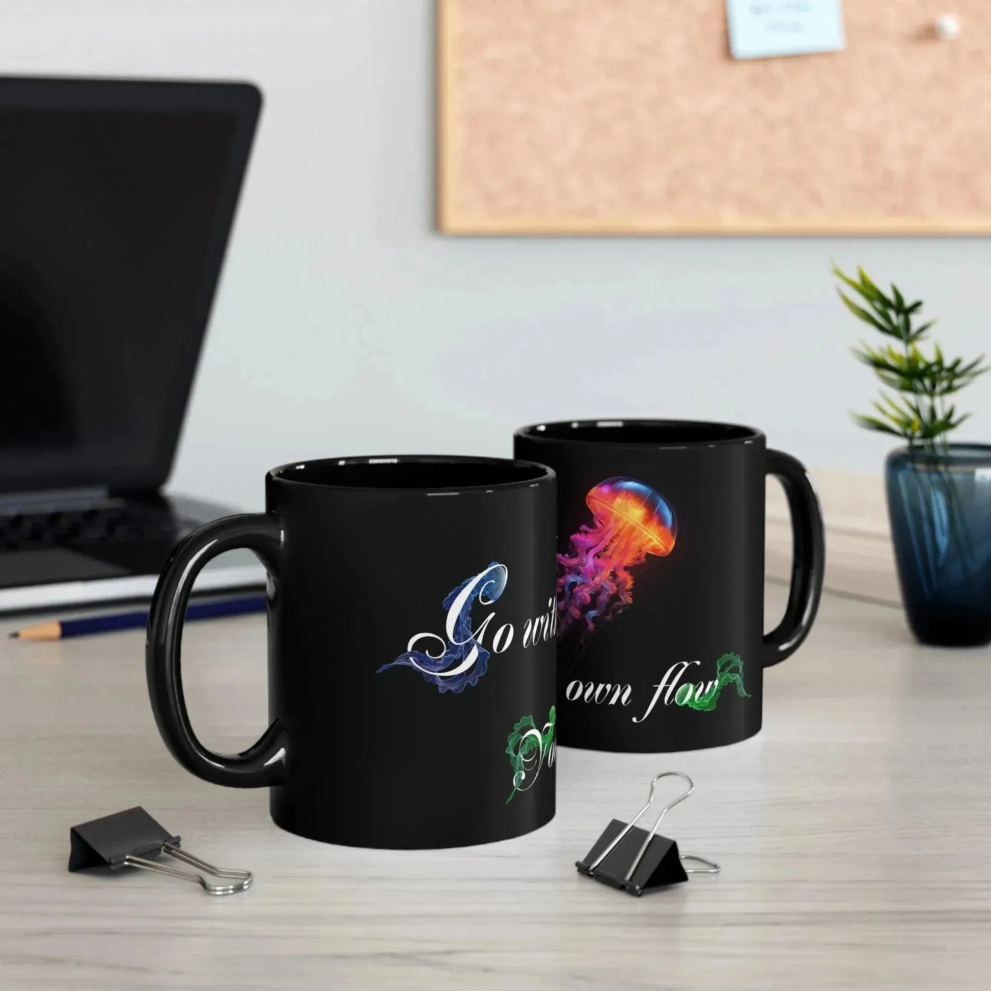 Neon Colorful Flowing Jellyfish Black Mug - Vkamian