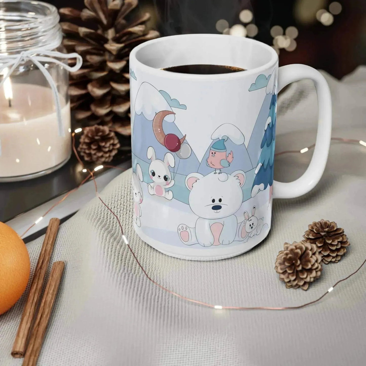 Winter Bear And Bunny White Ceramic Mug - Vkamian